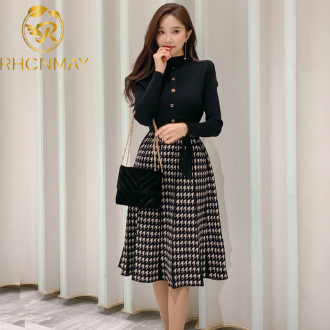 Winter Women's Korean Style Knit Dress Fashion Turtlenck sweater Knit Spliced Plaid High Waist A-line Dress Vestidos Knee Length ► Photo 1/6