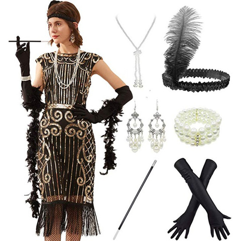15 Great Gatsby Ombre Metal Chain Halter Black 1920s Fringe Flapper Charleston Dress Robe Sexy Party Bodycon Club Dress Vestido ► Photo 1/1