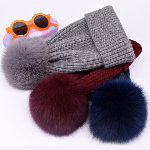 2022 Natural Fox Fur Pompon Hat Thick Winter for Women Cap Beanie Hats Knitted Cashmere Wool Caps Female Skullies Beanies ► Photo 1/5