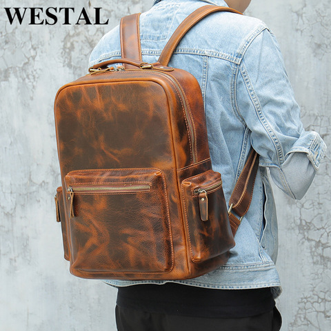 WESTAL male backpack crazyhorse leather laptop backpack for men travel daypack vintage schoolbag portable designer rucksack 8873 ► Photo 1/6