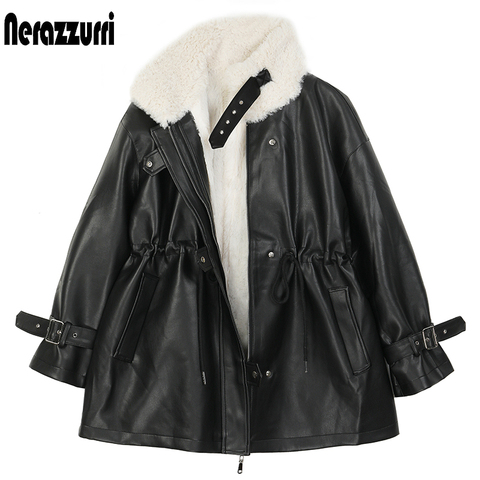 Nerazzurri Thick warm black leather jacket with fur inside long sleeve zipper Winter plus size faux fur lined coats for women ► Photo 1/6