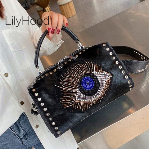 Female Natural Horse Fur Diamond Handbag Women Fashion Designer Rhinestone Loops Quality Artificial Leather Boston Messenger Bag ► Photo 1/6