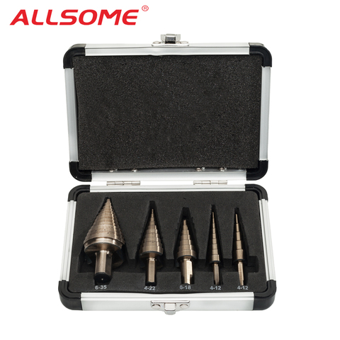 ALLSOME 5pcs Metric Hss Cobalt Step Drill Bit Set Multiple Hole 50 Sizes with Aluminum Case ► Photo 1/5