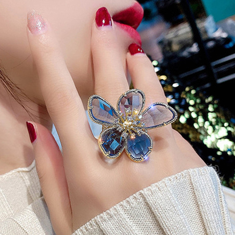 MOONROCY Crystal Rings Gold Color Blue Gray White Red Big Flower Hyperbole Party Jewelry for Women Gift Dropshipping Wholesale ► Photo 1/6