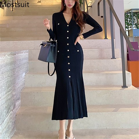 Black Korean Single-breasted Long Dress Women Long Sleeve V-neck Mermaid Dresses Elegant Fashion Ladies Vestidos Femme 2022 ► Photo 1/6