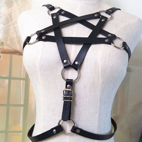 2 Styles Woman Pentagram Punk Style PU Leather Harness Bra Belts Sexy Lingerie Body Bondage Caged Bralette Gothic Bra Garters ► Photo 1/6