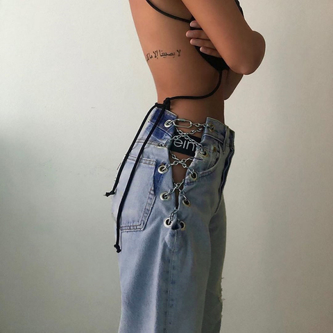 YICIYA Seasons Side Cross Chain Hollow Out Wide-leg Women Jeans High Waist Pants Sexy Elegant Ladies Europe Fashion Jean Women ► Photo 1/6