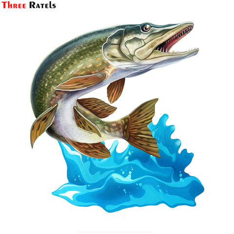 Three Ratels FC68 Cool Jumping Northern Pike Walleye 3D Fish Wall Art Stationery Sticker Decal for Car Bike Motorcycle Room ► Photo 1/6