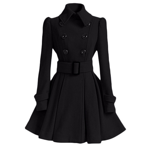 Women Vintage Woolen Coat Winter Warm Windbreaker England Fashion Black Swing Hem Belt Slim Elegant Retro White Wool Overcoat ► Photo 1/6