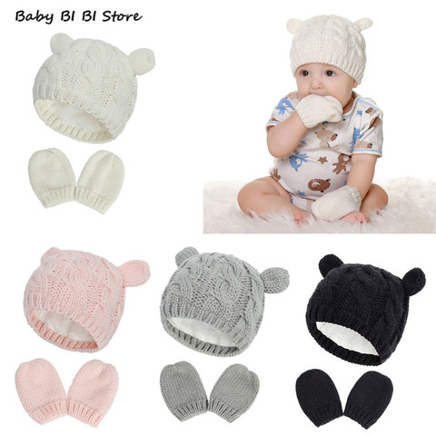 1 Set Baby Hat and Mittens Set Kids Knitted Cotton Beanie Cap Winter Warm Boys Girls Double Pompom Hats Gloves ► Photo 1/6