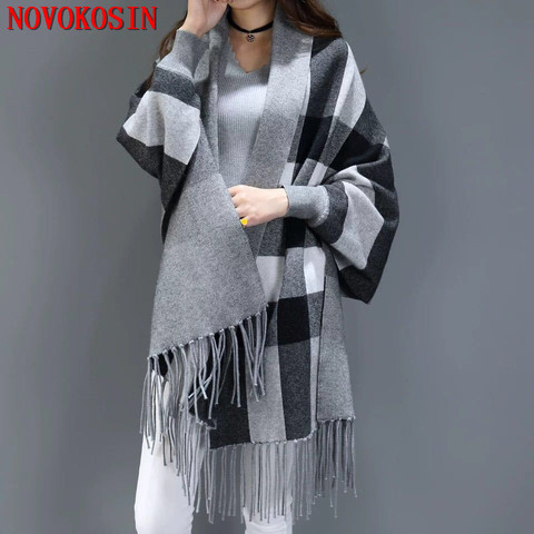 2022 Hot Oversize Lattice Scarf Winter Knitted Plaid Poncho Women Red Grey Checks Designer Female Long Sleeves Tassel Wrap ► Photo 1/5
