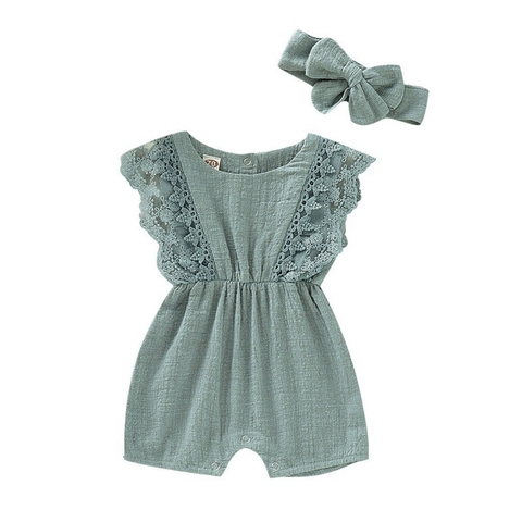 Summer Baby Girl Rompers Newborn Baby Clothes Toddler Flare Sleeve Solid Lace Design Romper Jumpsuit With Headband One-Pieces ► Photo 1/6