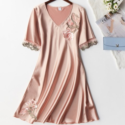 Summer New Silky Satin Women Nightgown Sleepwear Casual Night Dress Oversized Sleep Shirt Sexy Nightshirt Female Sexy Home Dress ► Photo 1/6