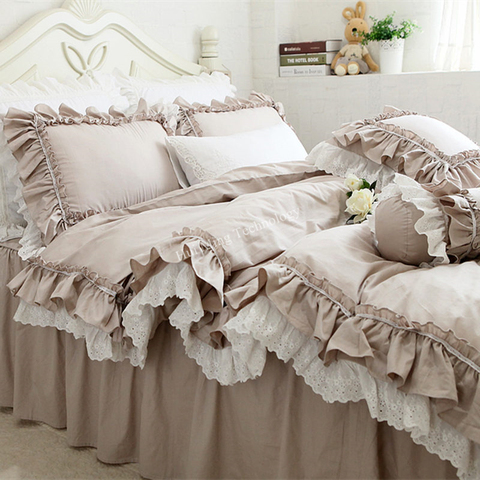 European Khaki bedding set double ruffle lace duvet cover bedding elegant bedspread bed sheet wedding decor bed clothes HM-04B ► Photo 1/6