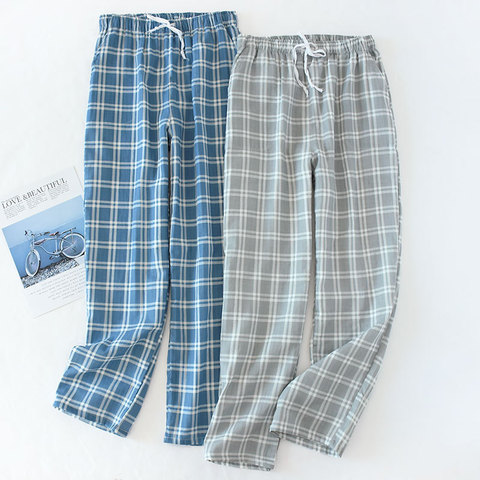 Men's Cotton Gauze Trousers Plaid Knitted Sleep Pants Mens Pajamas Pants Bottoms Sleepwear Pajama Short for Men Pijama Hombre ► Photo 1/6