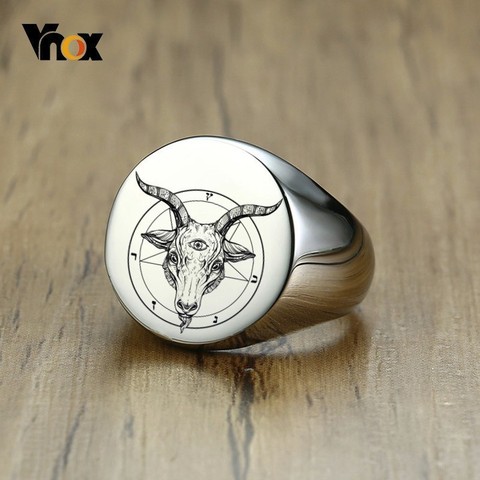 Vnox Devil Goat Head Custom Engrave Mens Stamp Ring Stainless Steel Rock Round Top Signet Ring ► Photo 1/6