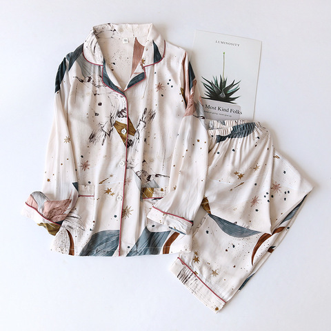 Spring And Summer New Ladies Pajamas Set Simple Style Floral Printed Loose Sleepwear Women Full Cotton Cardigan+Pants Homewear ► Photo 1/6