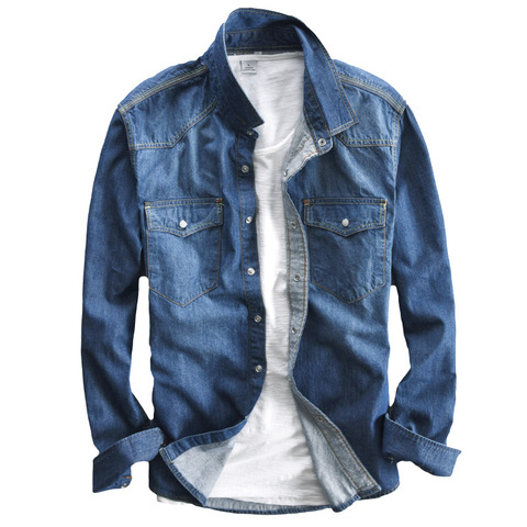 Men's long-sleeved solid denim shirt fashion brand Classic retro denim Pocket decoration Business shirt Spring and Autumn Tops ► Photo 1/6