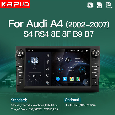 Kapud Android 10.0 Car Multimedia Player 8 Inch For Audi A4 2002-2007 S4 RS4 8E 8F B9 B7 Radio Stereo Navigation BT GPS Wifi DSP ► Photo 1/6