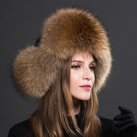 Winter Warm Ladies 100% Real Raccoon Fur Hat Russian Real Fox Fur Bomber Hat With Ear Flaps For Women ► Photo 1/6