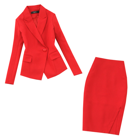 Women's suits 2022 new autumn large size red long-sleeved single buckle suit fashion bag hip skirt suit two-piece suit ► Photo 1/6