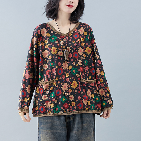 Fashion Retro Floral Printed Pullovers Tops Women T Shirt Long Sleeve Double Pocket Patchwork Knitted T-Shirt Loose V Neck 2022 ► Photo 1/6