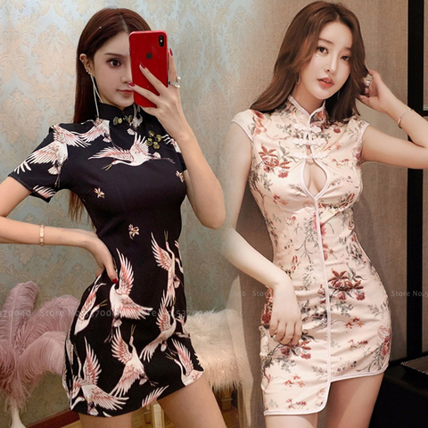 Chinese Traditional Dress for Women Crane Printed Retro Sexy Cheongsam Elegant Slim Skirts Qipao Banquet Hanfu Nightclub Dresses ► Photo 1/6