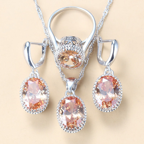 925 Silver Trendy Jewelry Sets Oval Champagne Cubic Zirconia Wedding Accessories For Women 3 Piece Set 8-Colors Jewelry ► Photo 1/6
