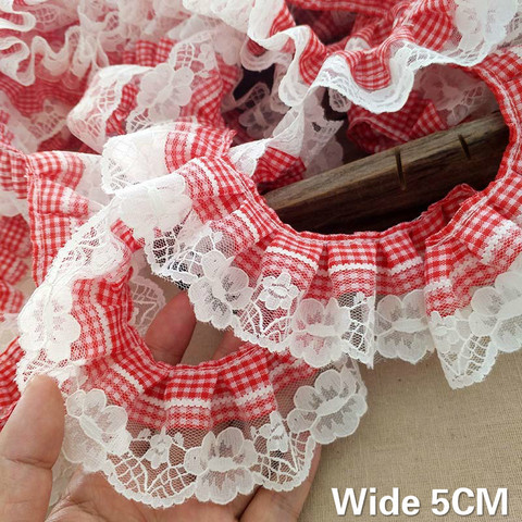 5CM Wide New Red White Plaid Pleated Lace 3d Flowers Embroidered Ribbon Ruffle Trim DIY Clothing Hair Accessories Home Sewing ► Photo 1/5