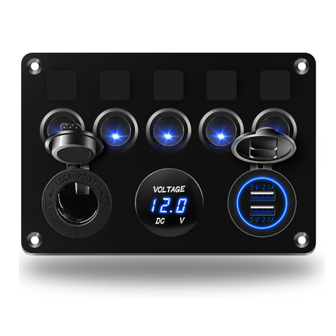 5 Gang LED Switch Panel 12V Power Outlet 4.2A USB Charger Digital Voltmeter Toggle Switch Control For Boat Camper Marine RV ► Photo 1/6