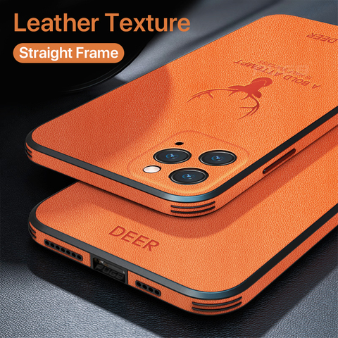 Luxury Leather Texture Square Frame Case on For iPhone 12 11 Pro Max Mini iPhone X XR XS Deer Camera Protection Shockproof Cover ► Photo 1/6