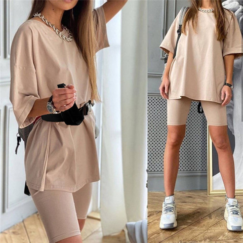 Casual Solid Outfits Women's Two Piece Suit With Belt Home Loose Sports Tracksuits Fashion Leisure Bicycle Suit Summer ► Photo 1/6