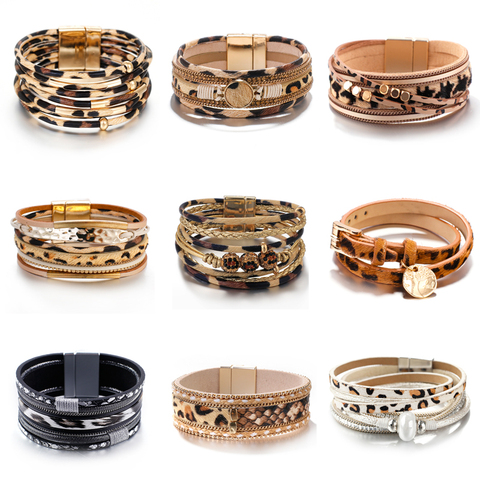 Amorcome Leopard Fashion Bracelets woman 2022 Charm Multilayer Wide Wrap Leather Bracelets & Bangles Femme Party Jewelry Gift ► Photo 1/6