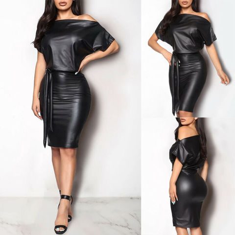 New Women Sexy PU Leather Dress Elegant Formal Party Office Lady Midi Dress Skinny Zipper Black Dress Off shoulder Bandage Club ► Photo 1/6