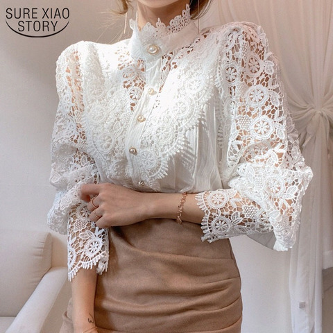 2022 Early Autumn Vintage Gentle Single Breasted Top Stand Collar Base Lace Shirt Women Loose Long Sleeve Lace Blouse 11323 ► Photo 1/6