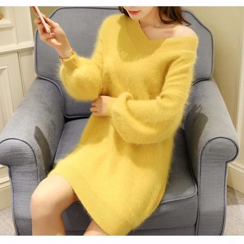 Women 2022 Autumn Winter Imitation Mink Cashmere Long Sleeves Sweater Dress Female V-Neck Casual Slim Knit Dresses Vestidos G683 ► Photo 1/6