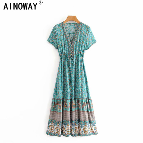 Vintage chic women Floral print bat sleeve beach Bohemian maxi dress Ladies V neck Tassel Summer Boho dress vestidos ► Photo 1/6