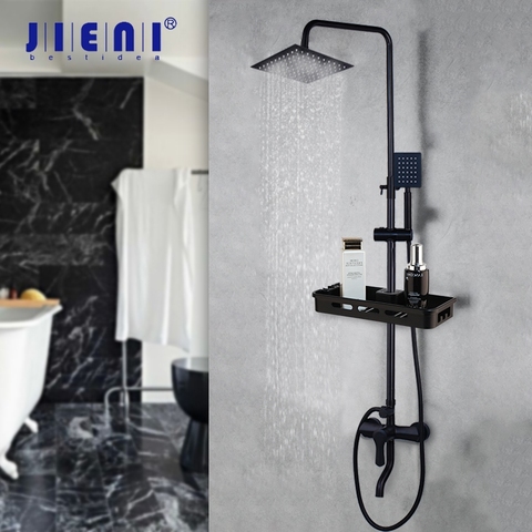 JIENI Matte Black Rainfall Shower Faucet Set Paint Black Bathtub Shower Mixer Faucet & Storage Shelf Bathroom Mixer Faucet Set ► Photo 1/6