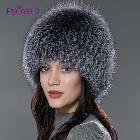 ENJOYFUR women winter fur hat genuine fox fur hats knitted silver fox fur caps female russian bomer caps ► Photo 1/6