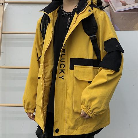 Harajuku Winter Korean Cargo Jacket Women Men Vintage Causal Hooded Coat 2022 Letter Hit Color Safari Style Jackets 55759 ► Photo 1/6