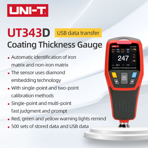 UNI-T UT343D  AUTO Metal Coating Thickness Gauge FE/NFE auto Recognition Single-point Multi-point Quick Judgment Prompt ► Photo 1/6