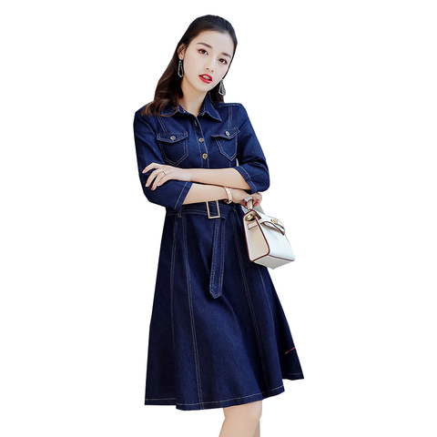 Women's Denim Dress 2022 Korean Spring Autumn 3/4 Sleeve Mid-Length Dress Lady Elegant A-line Jeans Dress Vestidos Feminine Y330 ► Photo 1/6