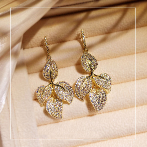 Light luxury retro zircon micro-set heavy industry leaf earrings female needle wild temperament golden leaf earrings earrings ► Photo 1/6