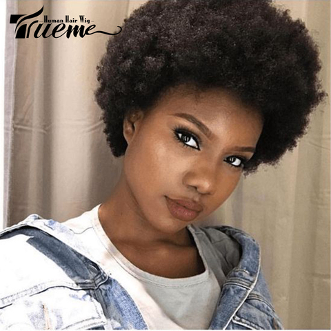 Trueme Cheap Short Afro Wigs For Black Women Brazilian Remy Human Hair Brown Red Wine Colors Bob Afro Kinky Curly Full Wig ► Photo 1/6