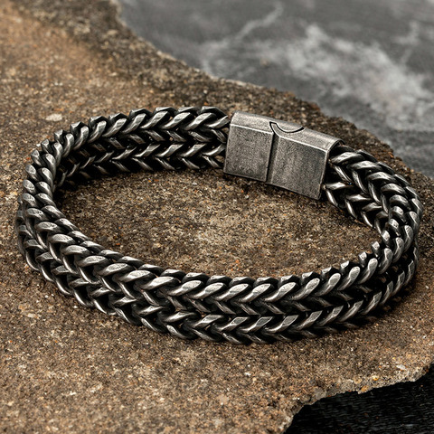 Black Vintage Men's Bracelet Punk Double Chain Stainless Steel Wristband Male Jewelry Hand Accessories Wholesale Christmas Gifts ► Photo 1/6