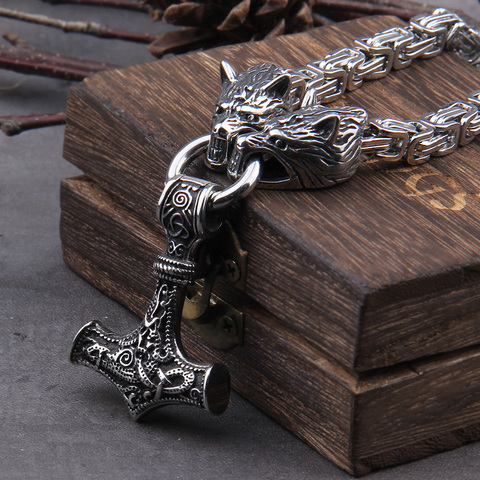 Stainless Steel Wolf Head with Square Chain Necklace thor's hammer mjolnir viking necklace  with wooden box as boyfriend gift ► Photo 1/6