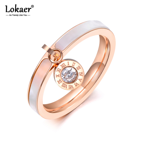 Lokaer Trendy Design Rose Gold CZ Crystal Rhinestone Titanium Steel White Shell Wedding Rings For Women Engagement Gifts R19064 ► Photo 1/5