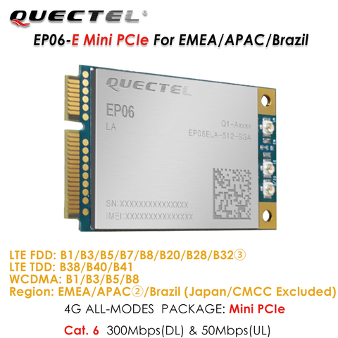 EP06 EP06-E Mini PCIe 4G LTE Industrial Cat.6 Modem for EMEA/APAC①/Brazil 300Mbps Downlink LTE FDD B1/B3/B5/B7/B8/B20/B28/B32 ► Photo 1/2