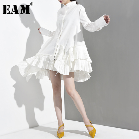 [EAM] 2022 New Spring Autumn Stand Collar Long Sleeve White Irregular Hem Ruffles Loose Shirt Women Blouse Fashion Tide JI8240 ► Photo 1/6