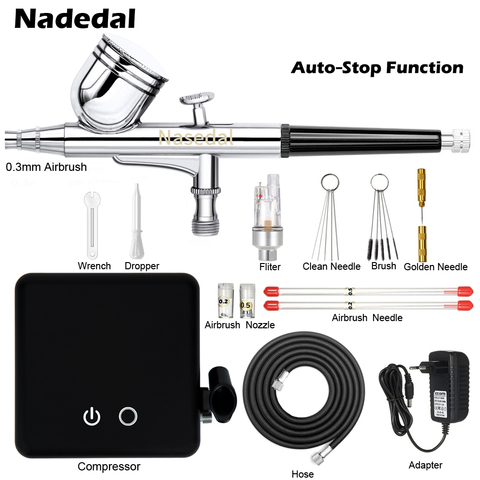 Nasedal Airbrush Compressor Auto Stop Function Dual-Action Air Brush Set Spray Gun Adjustable Power Touch Switch ► Photo 1/6